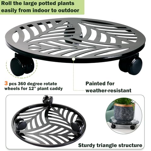 4 Packs Large Metal Plant Caddy with 3 PU Wheels 12" Heavy