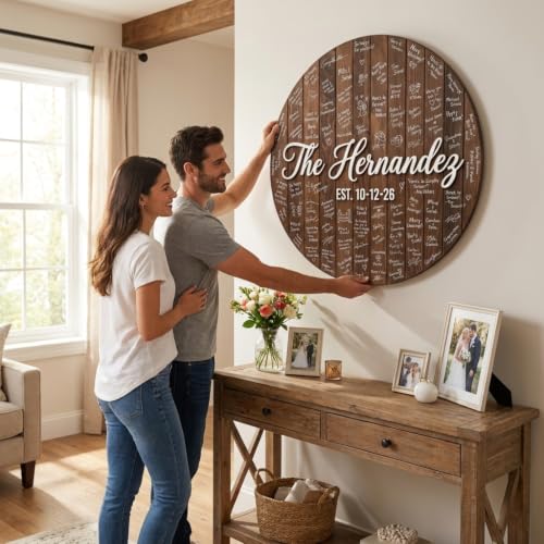 Personalized Round Wooden Wedding Guest Book Alternative Sign