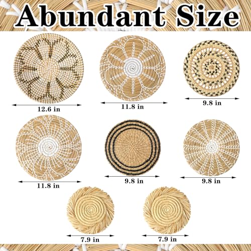8 Pcs Boho Wall Basket Decor Decorative Bulrush Woven Basket Wall Decor Rustic Farmhouse Hanging Baskets for Kitchen Rustic Home Summer Decorations (Groovy)