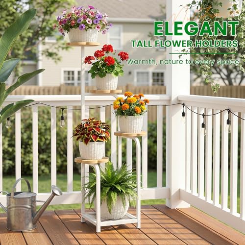 Tall 5 Tier Wood Plant Stand Indoor (Wood + White / 5-Tier Square Base)