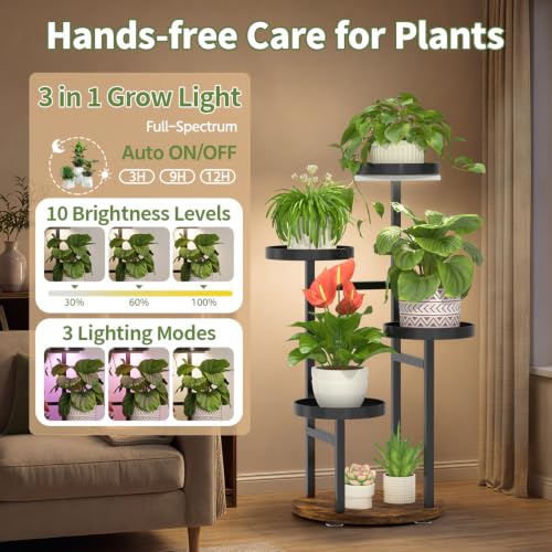 Plant Stand for Indoor Corner (Jet Black-Brown with Light / 4 Tier)