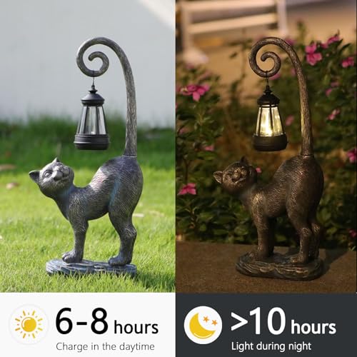 Halloween Decorations Gifts Outdoor Cat Garden Statues with Solar Lights (Bronze Cat)