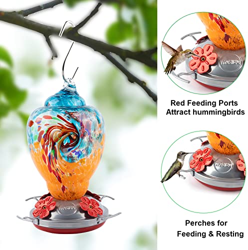 Hummingbird Feeder for Outdoors Patio Large 32 Ounces Colorful Hand Blown Glass Hummingbird Feeder with Ant Moat Hanging Hook
