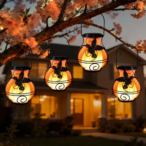 4 Pack Solar Lanterns Outdoor Waterproof Flickering Flame Lights Hummingbird Metal Hanging Solar Lantern Patio Porch Garden Decoration (4 Packs)
