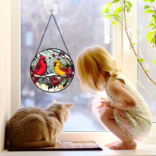 Cardinals Poinsettia Stained Glass Window Hanging Suncatcher Gifts 6.3" (Red and Yellow / 6.3x6.3 IN)