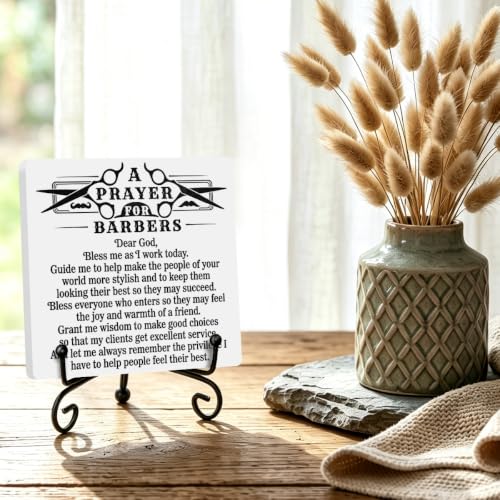 Barber Prayer Wooden Plaque for Home Office Shelf Table Decor 6.3x6.3 In (Multicolor 1725 / Wooden sign with iron frame（6.3 x 6.3 inches）)