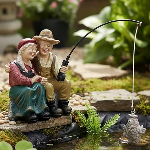Romantic Older Couple Fishing Statue Outdoor Garden Koi Pond Decoration (Fishing Couple Statue)