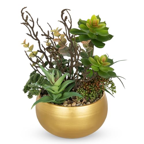 Artificial Succulent Plants in Gold Pot Faux Succulent Arrangement Fake Potted Plants with Pebbles for Home Office Desk Shelf Table Decor (Gold)