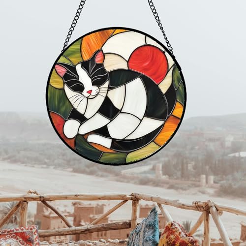 Cozy Tuxedo Cat Stained Glass Window Hanging Suncatcher Gift for Mom 6.3" (Black and White / 6.3x6.3 IN)