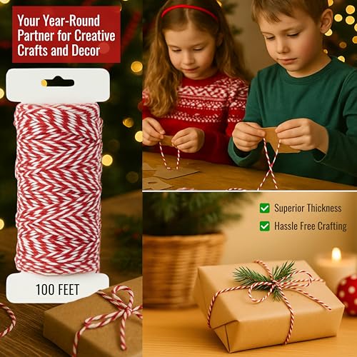 Red and White Organic Twine Cotton String (Red & White / 12 PLY- 100 FEET- Pack of 1)