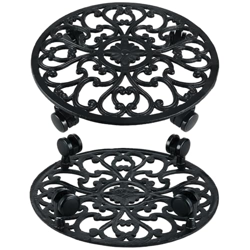 4 Packs 14 Inch Rolling Plant Stand with Wheels Metal Plant Caddy with Wheels Heavy Duty Round Plant Stand Indoor Iron Plants Rollers for Plants (14 inch: 4 pcs / Black)