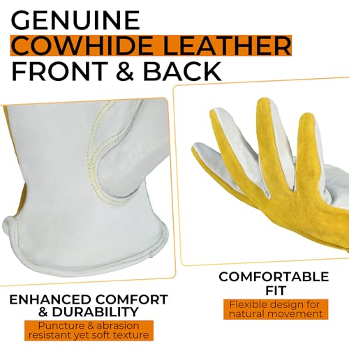 3 Pairs Leather Work Gloves for Men & Women (Beige-yellow (3 Pairs) / X-Large)