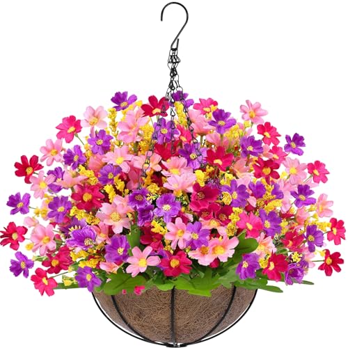 Artificial Hanging Flowers Basket for Outdoor Spring Summer Decor (Daisy Purple Mix)