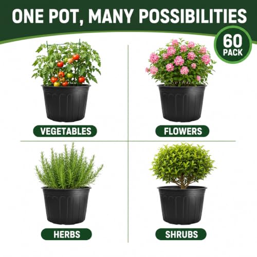 60 Pack 12.8 Inch 5 Gallon Large Plastic Plant Nursery Pots (60pcs 5 gallon)