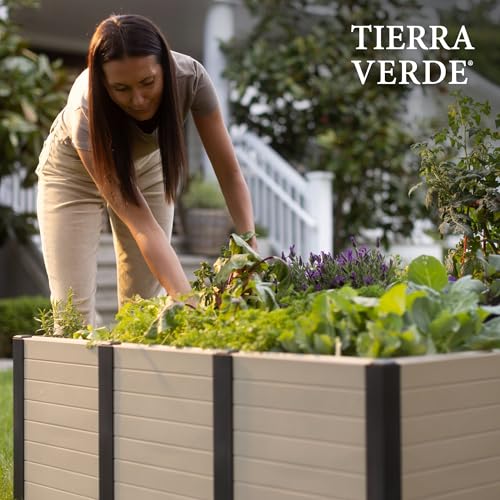48-Inch x 48-Inch Raised Garden Bed with Tool-Free Connect System and Crafted from Recycled Materials, for Patios or Decks, Khaki (Khaki / Garden Bed)