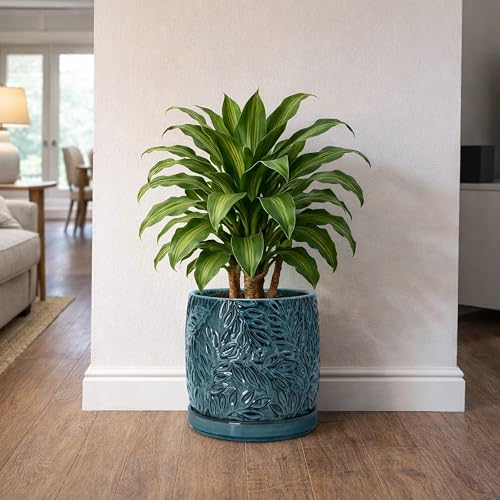 Embossed Leaves Ceramic Planter (10 Inch / Ocean Teal)
