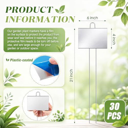 30 Pcs Large Plant Marker (4'' X 6'' with 21'' Stake / Silver)