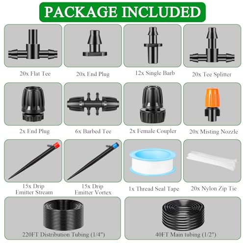 260FT Drip Irrigation System Kit (260 FT (40FT Main tube + 220FT Distribution tube))