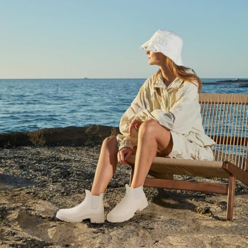 Women's Ankle Rain Boots Waterproof Chelsea Boots (10 / Platform Beige)