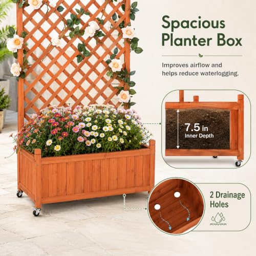 Trellis Raised Garden Bed with Wheels Trellis for Climbing Plants Outdoor (Red Brown / H63 × W36 × D17.5 in)