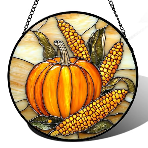 Fall Pumpkin and Corn Stained Glass Window Hanging Suncatcher Gifts 6.3"