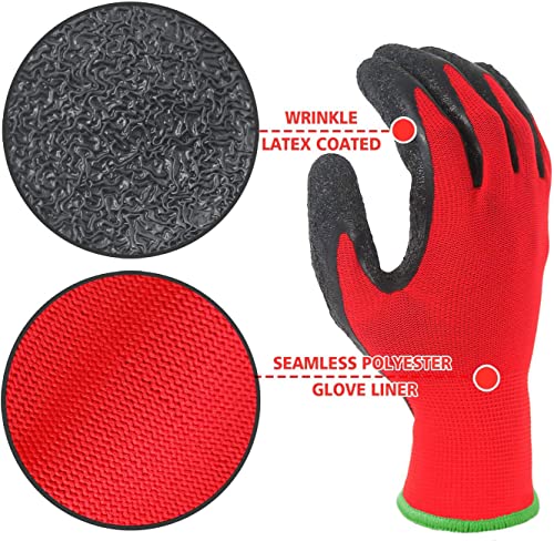 Crinkle Latex Rubber Coated Safety Work Gloves for Men Women (X-Large / Red-12 Pairs)
