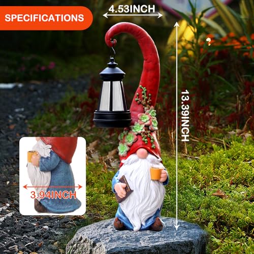 Solar Coffee Gnome Garden Statue with Lantern (Red Hat Gnome 13.39in)