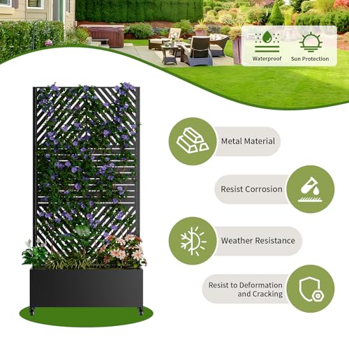 Metal Planter Box with Trellis and Wheels (Black / Rectangular B)