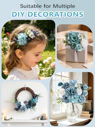 Artificial Flowers Combo Box Set Dusty Blue Silk Floral Arrangements for Wedding Bridal Bouquet (Dusty Blue White)