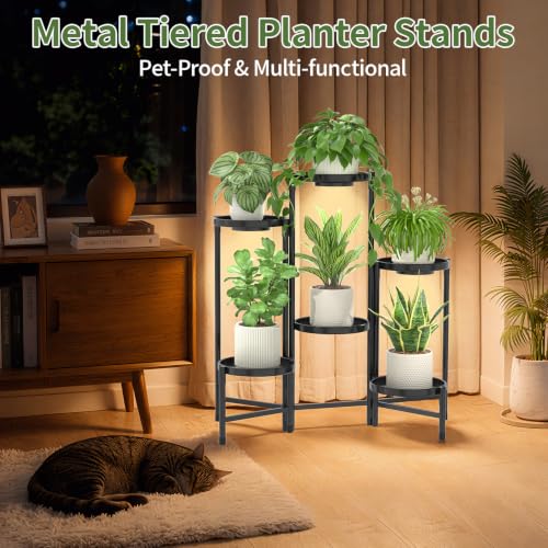 Plant Stand Indoor 10 Inch Large Tray With Lights (Standard Black with Light / 6 Tier)