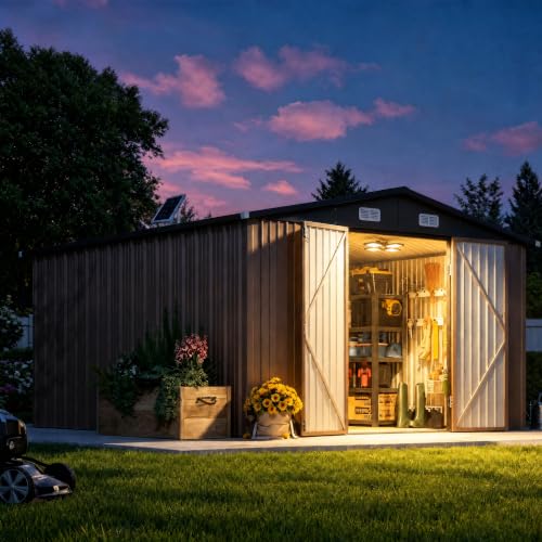 12 x 10FT Outdoor Storage Shed with Solar (Brown / 10'x12')