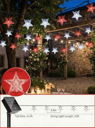 Twinkle Solar Star String Lights Red White Outdoor 39FT (Red-White)