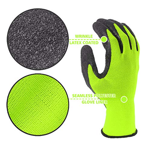 Crinkle Latex Rubber Coated Safety Work Gloves for Men Women (24 Count)