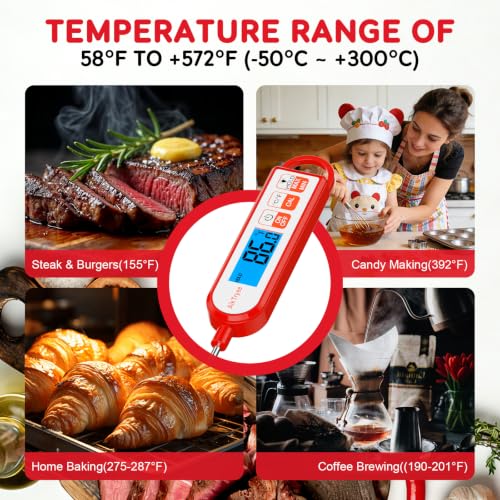 Digital Instant Read Meat Thermometer Kitchen Cooking Food Candy Thermometer for Oil Deep Fry BBQ Grill Smoker Thermometer by AikTryee (Red-SR806)