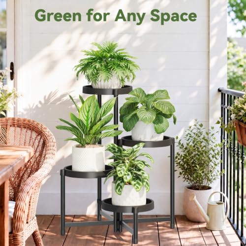 Plant Stand Indoor Outdoor with Large 10 Inch Plastic Tray (Solid Black with Large Tray / 4 Tier)