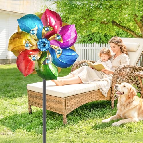 Double Sided Wind Spinner Outdoor Metal Wind Sculpture with Adjustable Height Pole & 5 Prong Base (Colorful)