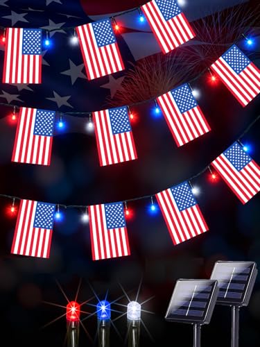 4th of July Decorations 2 Pack 100 LED Solar American Flag Lights Outdoor (Red-Blue-White Flag / 2 Pack)