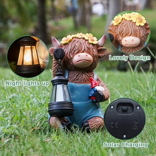 Solar Highland Cow Porch Statue with LED Lantern Garden Outdoor Decor (Solar Highland Cow Statue)