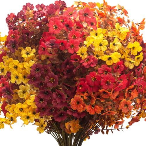 16 Bundles Artificial Fall Mums UV Resistant Flowers Outdoor Autumn Decor (Coffee Mix)