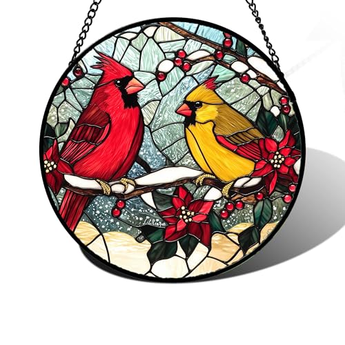 Cardinals Poinsettia Stained Glass Window Hanging Suncatcher Gifts 6.3" (Red and Yellow / 6.3x6.3 IN)