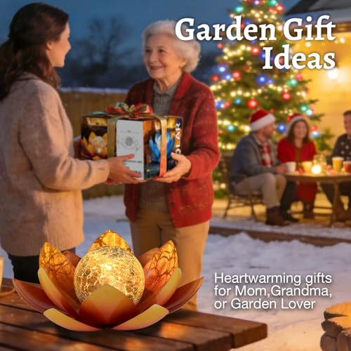 Solar Lights Outdoor Garden Decoration Crackle Globe Glass Waterproof LED Metal Orange Lotus Flowers Gift for Mom (Dazzling Blue)