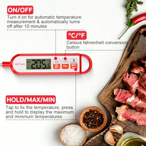 Digital Instant Read Meat Thermometer Kitchen Cooking Food Candy Thermometer for Oil Deep Fry BBQ Grill Smoker Thermometer by AikTryee (Red-SR806)