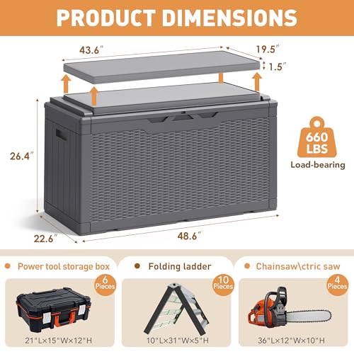 100 Gallon Resin Deck Box Large Outdoor Storage Boxes with Cushions for Garden Tools (Gray / 100 Gallon)