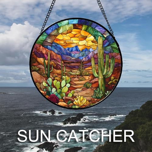 Desert Cactus Canyon Stained Glass Window Hanging Suncatcher Gifts 6.3" (Brown / 6.3x6.3 IN)