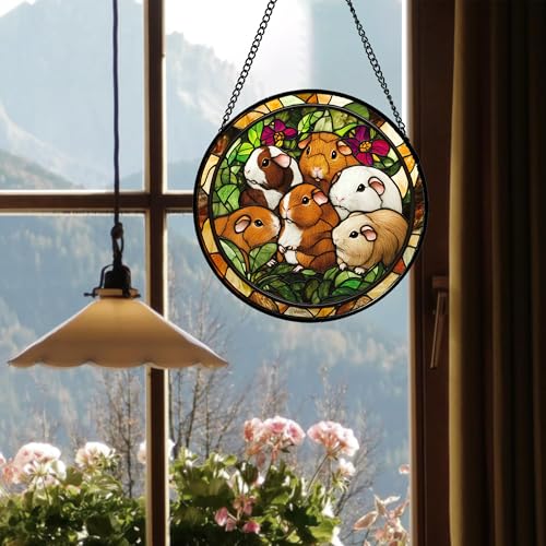 Guinea Pig Family Garden Stained Glass Window Hanging Suncatcher Gifts 7.8" (Brown and White / 7.8x7.8 IN)