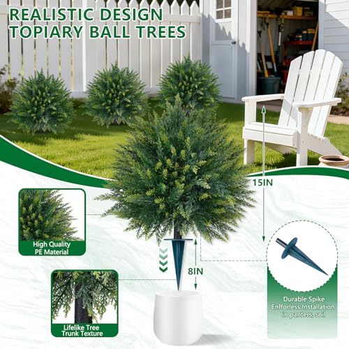 Artificial 2 Pack Cedar Topiary Trees with Ground Spike for Porch Decor (Cedar Ball)