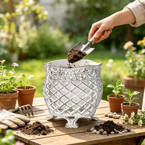 Vintage Cast Iron Urn Planter with Non (Antique White - U Shaped)