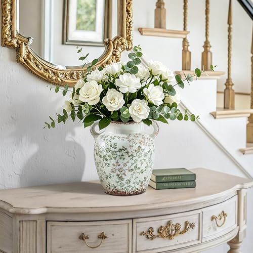 Vintage Vase Chinoiserie Ceramic Flower Vase with Double Handles (01-green and Beige-7.8 Inch)