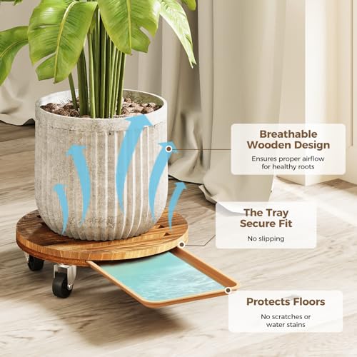 Plant Caddy 12 Inch Wood Dolly with Drainage Tray 2 Pack (Brown / 12inch-Round-2pack-Tray)