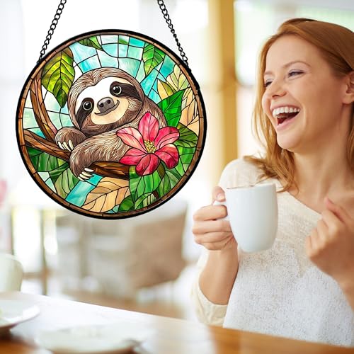 Stained Glass Window Hanging Sloth Flower Suncatcher Gifts for Women 6.3" (Green and Brown / 6.3x6.3 IN)
